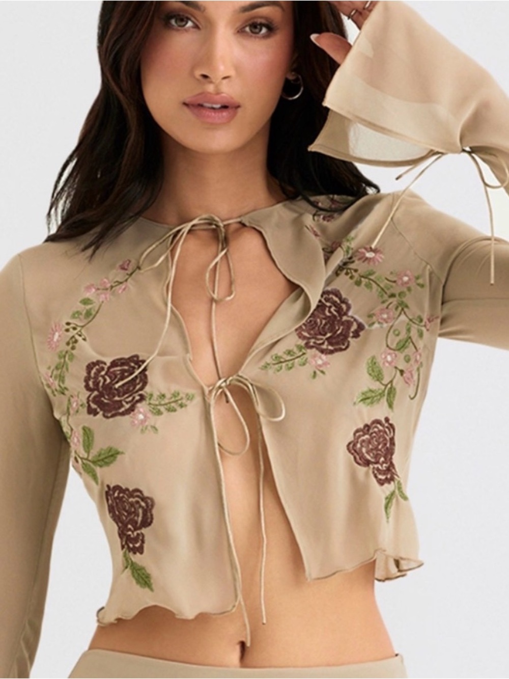 House of CB Beige Sheer Set with Western Floral Embroidery - Picture 14 of 15